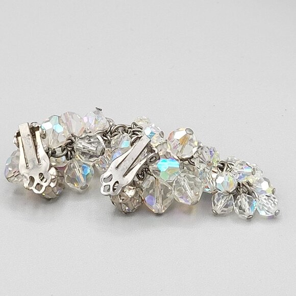 White AB Aurora Borealis Cluster Dangle Clip Earrings Vintage 2 in Length - Picture 4 of 5